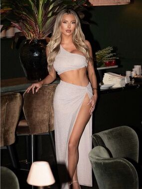 Fashion Nova One-Shoulder High-Slit Maxi Skirt in Light Beige